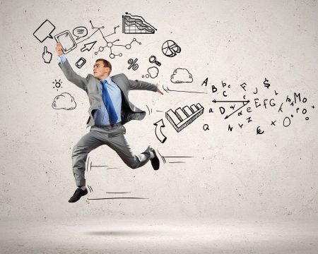 Image of jumping young businessman  Business collageの写真素材