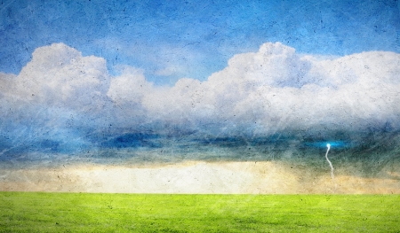 Old painting with a summer countryside landscapeの写真素材