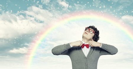 Image of young man in red glassesの写真素材