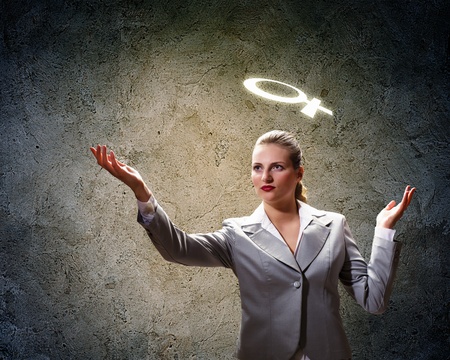 Image of businesswoman with halo above headの写真素材