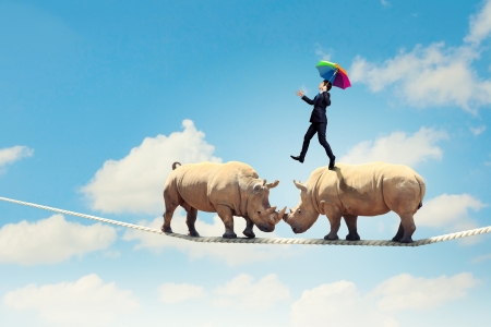 Image of rhino walking on rope high in skyの写真素材
