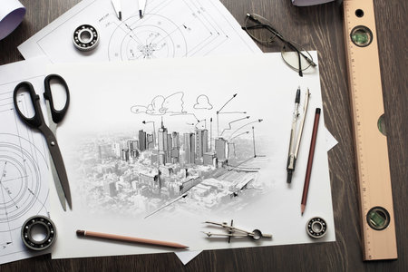 Architectural hand drawn project with set of tools