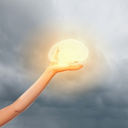 Close-up image of human hand holding brain illustrationの写真素材