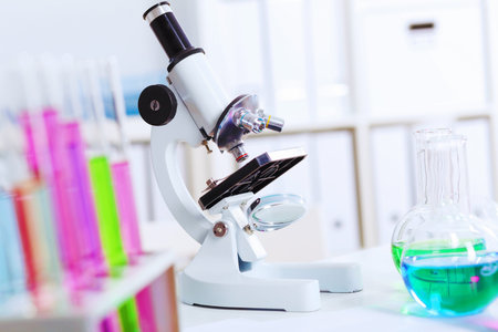 Chemistry laboratory glassware with colour liquids in them