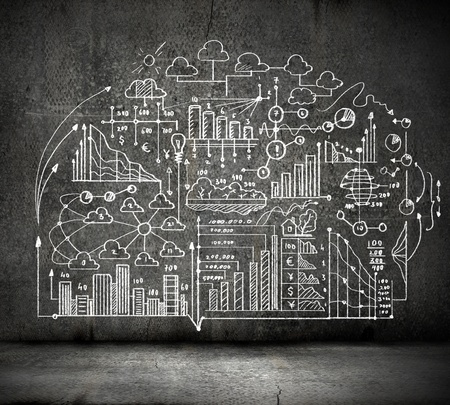 Business hand drawn sketch on black wallの写真素材