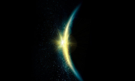 Planet Earth with appearing sunbeam light  Sunrise or sunset