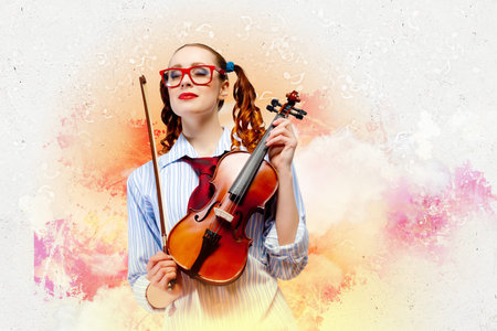 Image of young funny woman with violin against color background