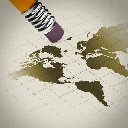 Pencil with rubber erasing illustration of world mapの写真素材