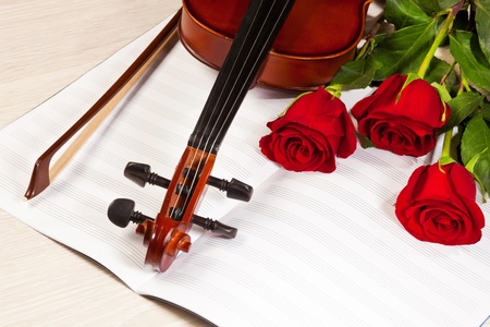 Red roses and a violin on the tableの写真素材