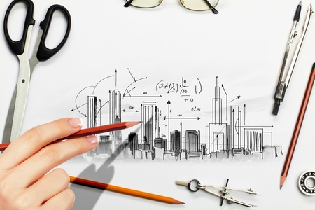 Architectural hand drawn project with set of toolsの写真素材