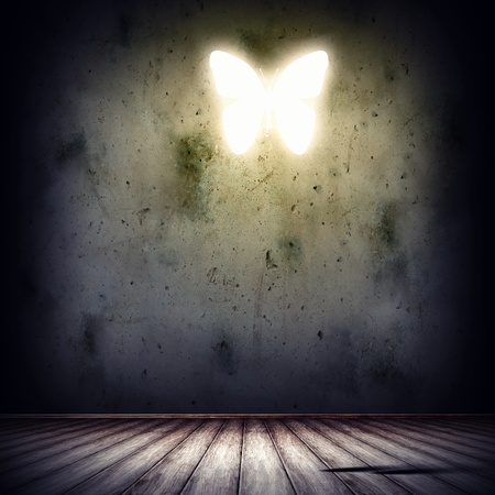 Grey background image with alight butterfly illustrationの写真素材
