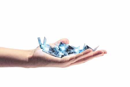 Pile of laptops in human hand  Technology concept
