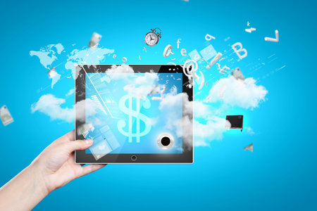 Closeup image of human hands holding tablet