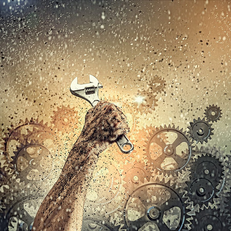 Close-up image of human hand holding wrench  Constructionの写真素材