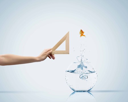 Aquarium with gold fish jumping out of waterの写真素材