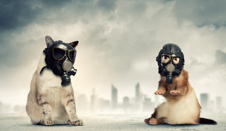 Cat and ferret in gas masks  Ecology conceptの写真素材