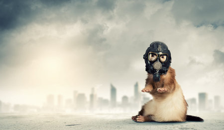 Image of ferret in gas mask  Ecology conceptの写真素材