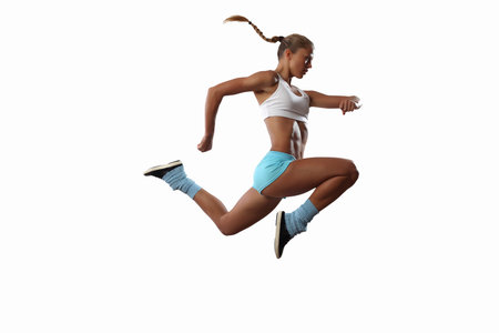 Image of sport girl in jump against white background