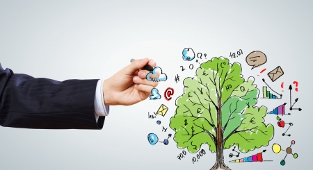 Close up of businessman drawing business strategy sketchの写真素材