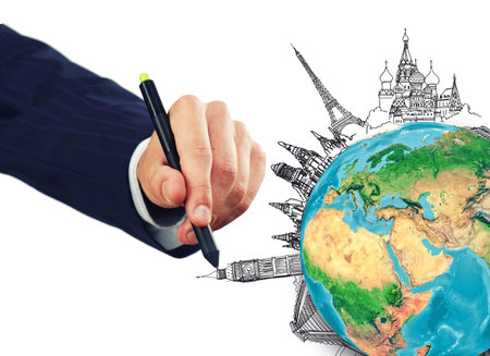 Close up of businessman hand sketching images  Elements of this image are furnished by NASAの写真素材