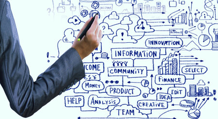 Back view of businesswoman drawing plan or strategy