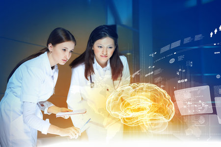 Image of two women doctors examining virtual image of brain