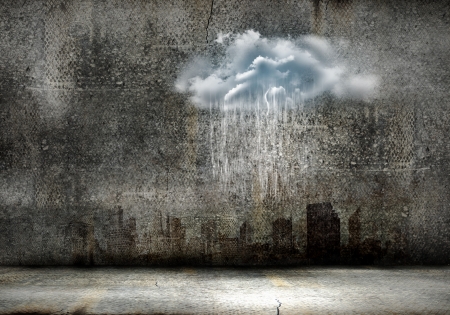 Background image of stone wall with rain and cloudsの写真素材