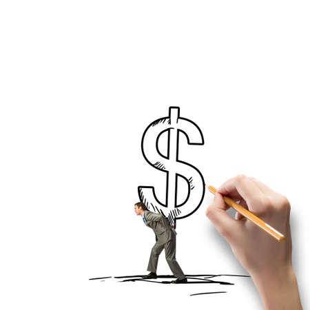 Young businessman carrying big drawn dollar symbolの写真素材