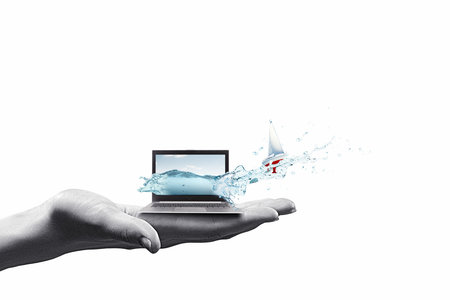 Close up of laptop with fish jumping out from screenの写真素材