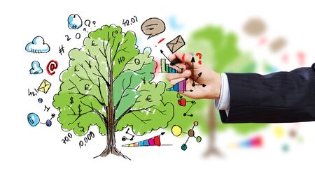 Close up of businessman hand drawing treeの写真素材