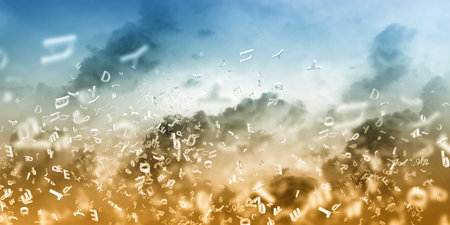 Background image of cloudy sky with letters flying in air