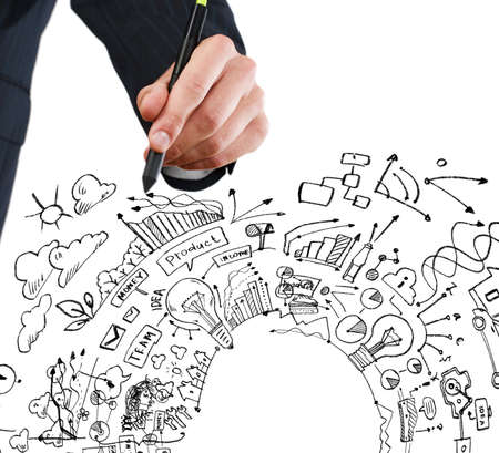 Close up of businessman drawing business strategy sketchの写真素材