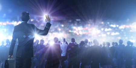Back view of businessman speaker standing on podium in lights