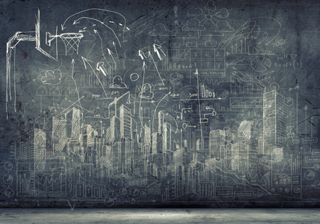 Background image with sketches and drawings on black wallの写真素材