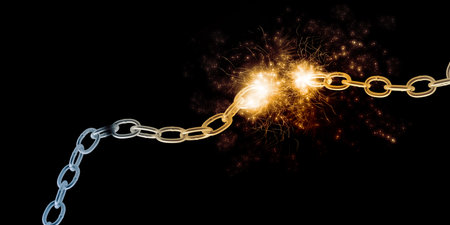 Conceptual image with steel broken chain in lightsの写真素材