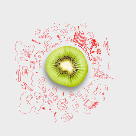 Kiwi half against with business sketchesの写真素材