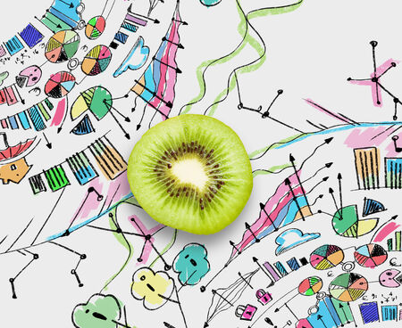 Kiwi half against background with business sketchesの写真素材