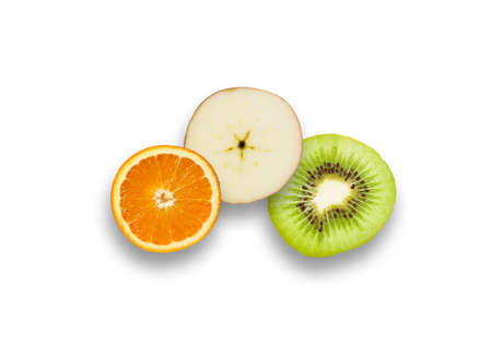 Halves of juicy fruits against white backgroundの写真素材