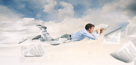 Young businessman flying in sky and playing fife