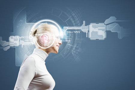 Young woman in white against media background wearing headphones