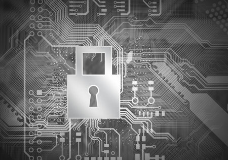 Conceptual digital image of mother board with lockの写真素材