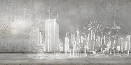 Background image with urban construction sketch on dark backgroundの写真素材