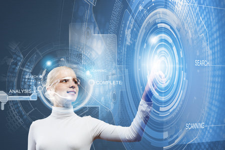 Woman in white touching icon of media screen