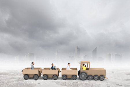 Young business people riding carton train  Teamwork concept