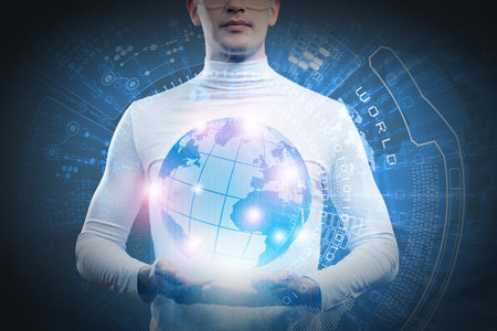Man holding globe in hands  Futuristic conceptの写真素材