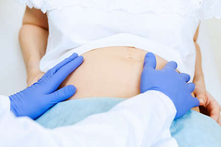 Young pregnant woman examined by doctor at hospitalの写真素材