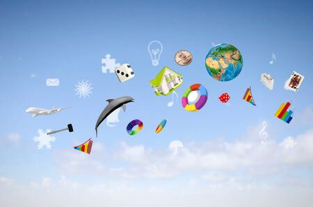 Background image with various items flying in air  の写真素材