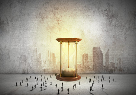 Conceptual image with sandglass and silhouettes of business people around