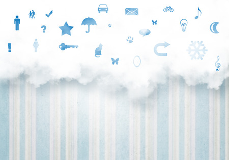 Background image with flying icons against sky backgroundの写真素材