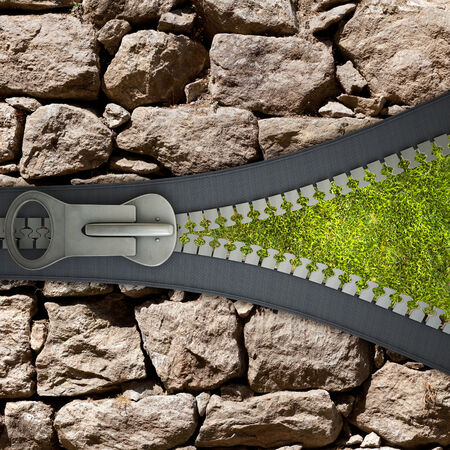 Conceptual image with zipper and nature landscapeの写真素材